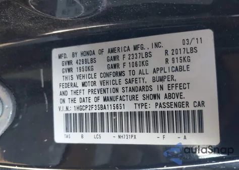 2011 Honda Accord 2.4 Lx z USA, uszkodzony, nr VIN 1HGCP2F35BA115651